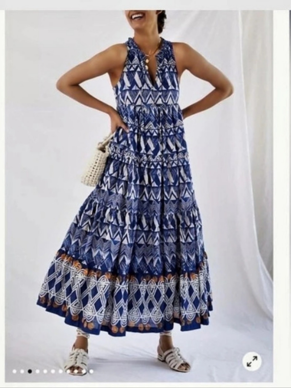Anthropologie Geometric Cotton Maxi Dress in Blue & White Size XXL